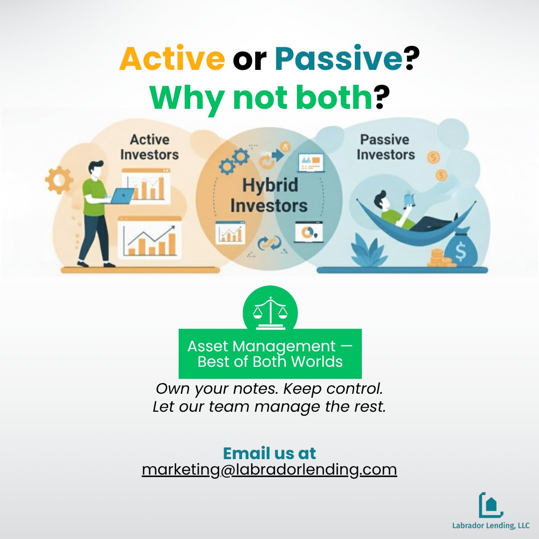 LabradorLending's tweet image. Why choose one when you can have both? 💡

With Labrador Lending’s Asset Management Service, you own your notes, stay in control, and let our team handle the rest.
📩 Email us to get started: marketing@labradorlending.com

#HybridInvestor #NoteInvesting #AssetManagement
