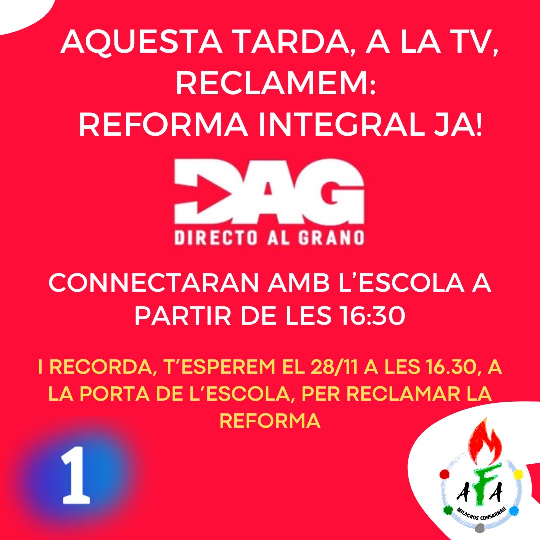 Aquesta tarda sortim a la TVE (La 1), al programa *Directo al Grano* per reclamar *REFORMA INTEGRAL JA!*. Connectaran amb l’escola sobre les 16:30, no us ho perdeu!