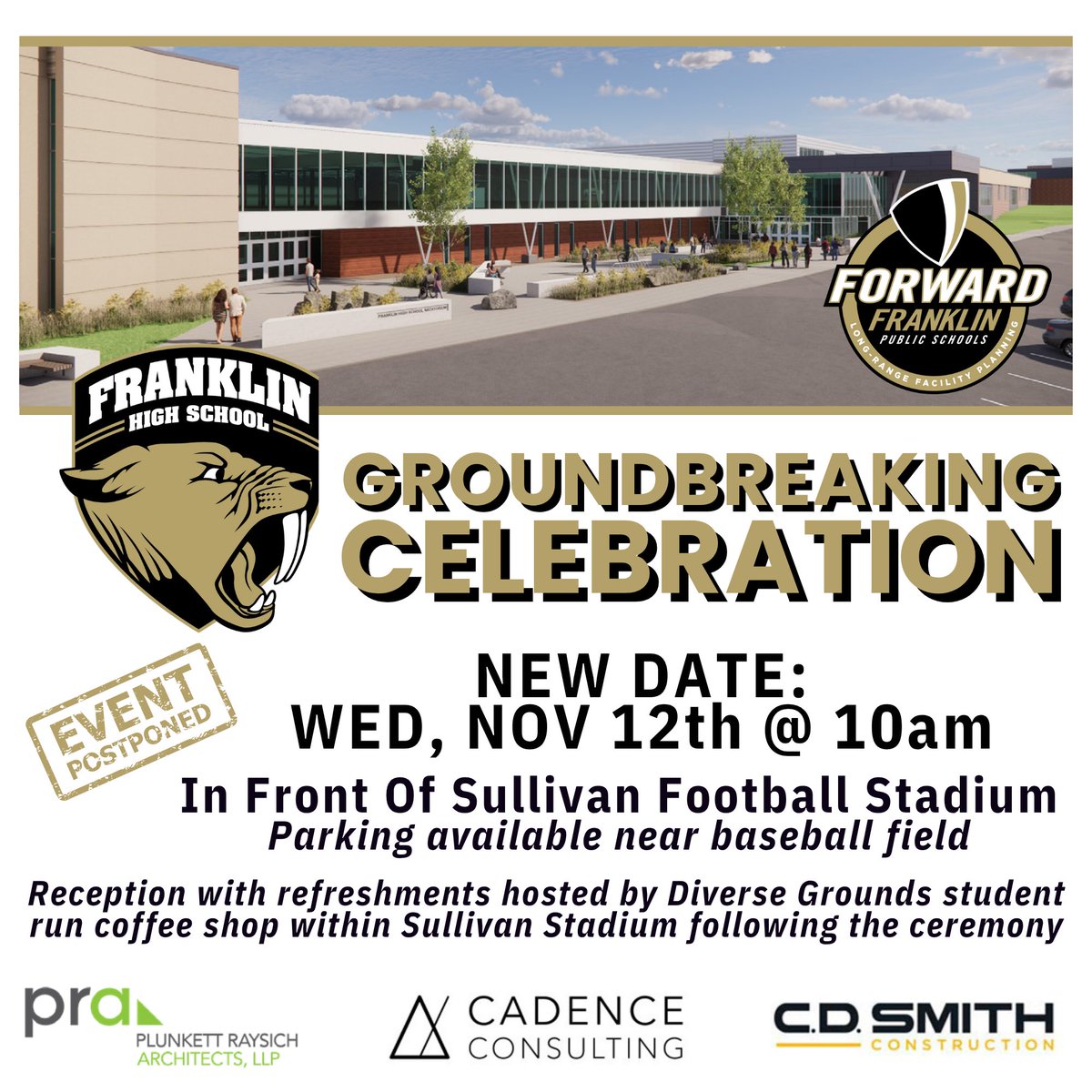 FPSDistrictWI's tweet image. UPDATE: Due to this morning&apos;s cold and the inability for all aspects of the planned FHS Groundbreaking Ceremony to take place, we are postponing the event to this Wednesday, November 12th @ 10am.  Please plan to join us then!  #BetterCommunity