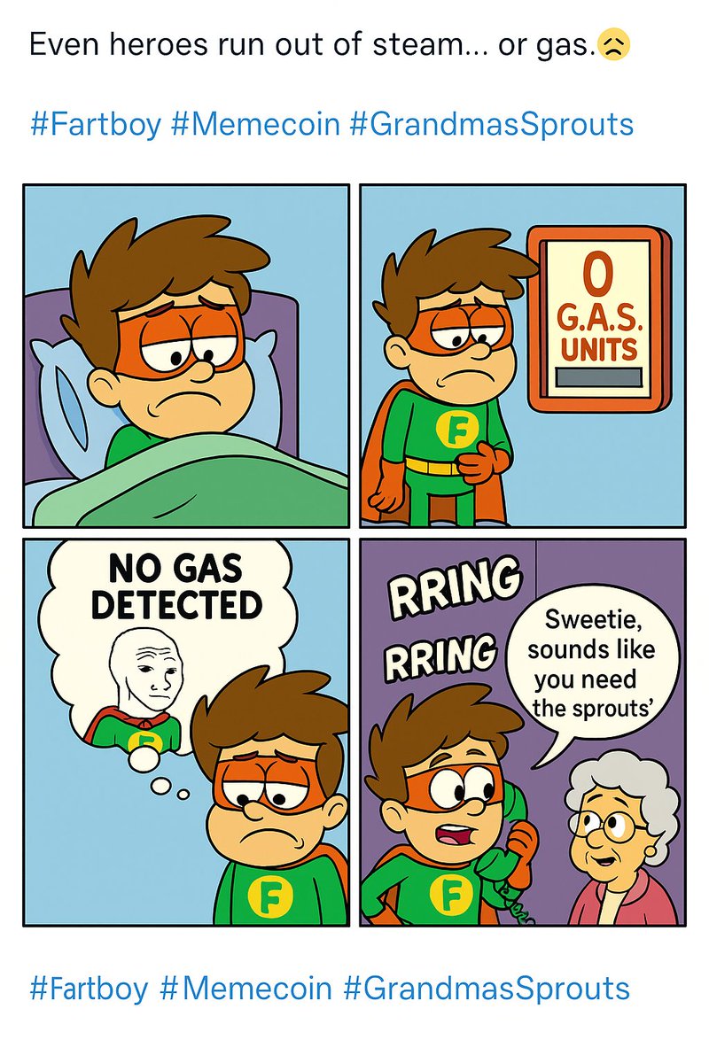 The #Fartboy weekly comic starts today!
7 strips. 7 days. Endless chaos. 💨

💨 The Silence of the Gas.
Even heroes run out of steam… or gas. 😩
#Fartboy wakes up powerless — no toots, no thrust, no FARTS 
He whispers, “Without my gas… I’m just Boy.”
Then the phone rings. 📞