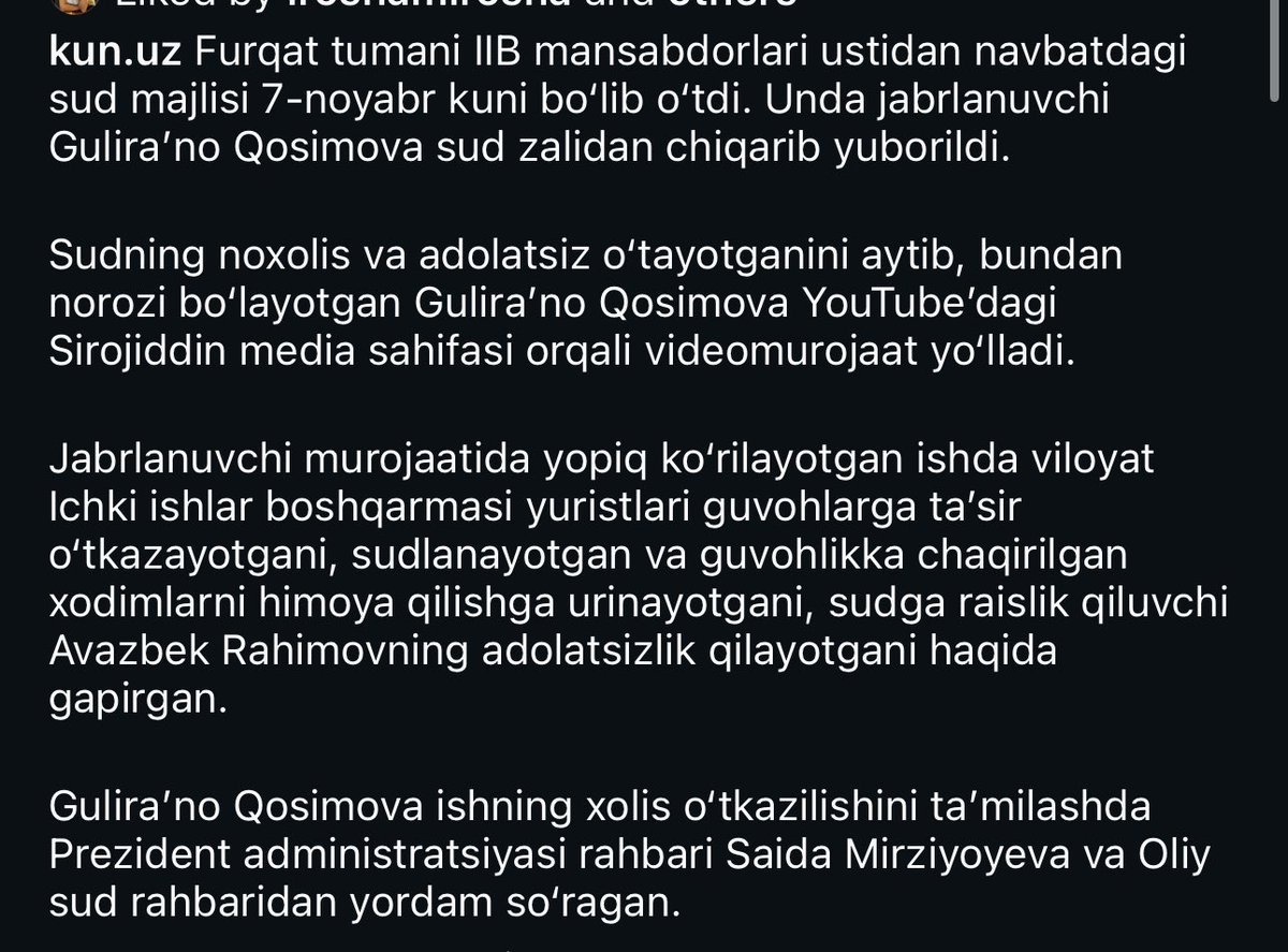 Гулирано Қосимова ўз ҳуқуқларини тиклаш учун курашяпти. Ва шунинг учун уни ҳар тарафдан “жазолашмоқда”. Суддаги ҳолатдан ташқари, интернетда ёлланган троллар аёлни кибербуллинг қилиб, уни шаънини топтаб, руҳий босим билан синдиришга уриняпти.
Бу тизим шу даражада чириб кетганки,