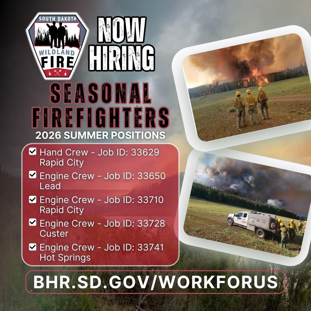 Get your seasonal job in place now - South Dakota Department of Public Safety and SD Wildland Fire are accepting applications for the 2026 summer season. Typically starting mid-May through October, check out the details at bhr.sd.gov/workforus
#keepsdsafe