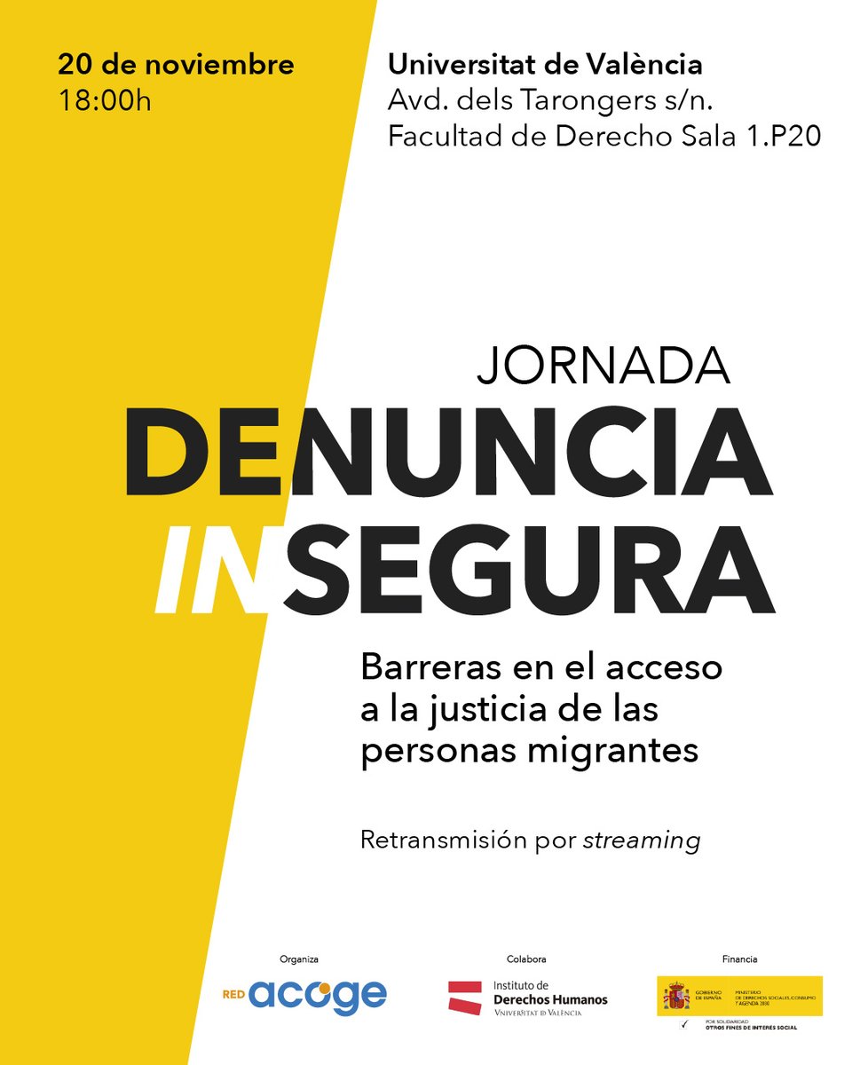 Presentamos el estudio 'Denuncia (In)segura', una aproximación a la vulneración del derecho al acceso a la justicia de las personas migrantes.

🗓️20 de noviembre - 18:00
📍Universitat de València
💻Retransmisión en directo

🔗Inscríbete: goo.su/BKmi0