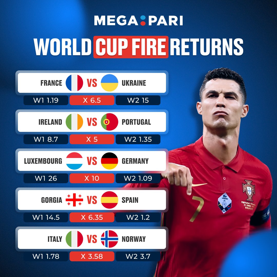 🏆 WORLD CUP RETURNS 🌍

‼ From Europe to Africa and beyond, the World Cup qualifiers are serving pure drama, Pick your winners, trust your gut, and ride the qualifier chaos all week long!

Bet Now> megapari.media/3WQvRGi

#Megapari #WorldCupQualifiers #worldcupqualifiers2026