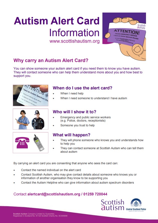 A <a href="/scottishautism/">ScottishAutism</a> ‘I Am Autistic’ Alert Card can be useful when travelling &amp; is a great way to let others, including police officers, know that you, a friend/family member are autistic, &amp; you might need extra time or assistance in certain situations.

ℹ  scottishautism.org
