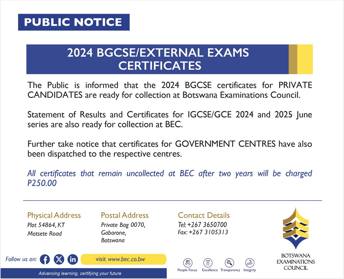 Public Notice on 2024 BGCSE/External Exams Certificates #BECUpdates #BGCSE2024 #ExamIntegrity