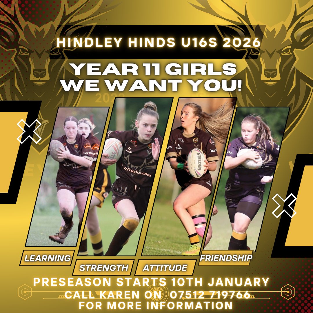 🖤💛𝗪𝗲 𝗮𝗿𝗲 𝗕𝗹𝗮𝗰𝗸 𝗮𝗻𝗱 𝗚𝗼𝗹𝗱! 💛🖤
Year 11 girls- WE WANT YOU! 
Preseason begins on the 10th January but please dont wait! 
All training and equipment provided, New to rugby?
Fancy a change? NO PROBLEM! 
JOIN OUR HINDS ACADEMY TODAY! 
#BlackAndGold #UPTHEHINDS