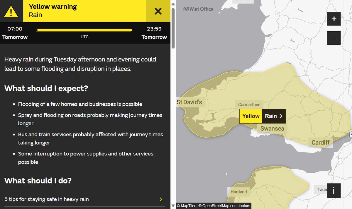 ⚠️Rhybudd tywydd melyn - Glaw 11/11 ⚠️  

Mae <a href="/metofficeWales/">Met Office - Wales</a> wedi cyhoeddi rhybudd tywydd melyn am glaw. Bydd y rhybudd mewn lle o ddydd Mawrth 07:00 hyd at 23:59.

👉traffig.cymru/gyrru-mewn-gla…