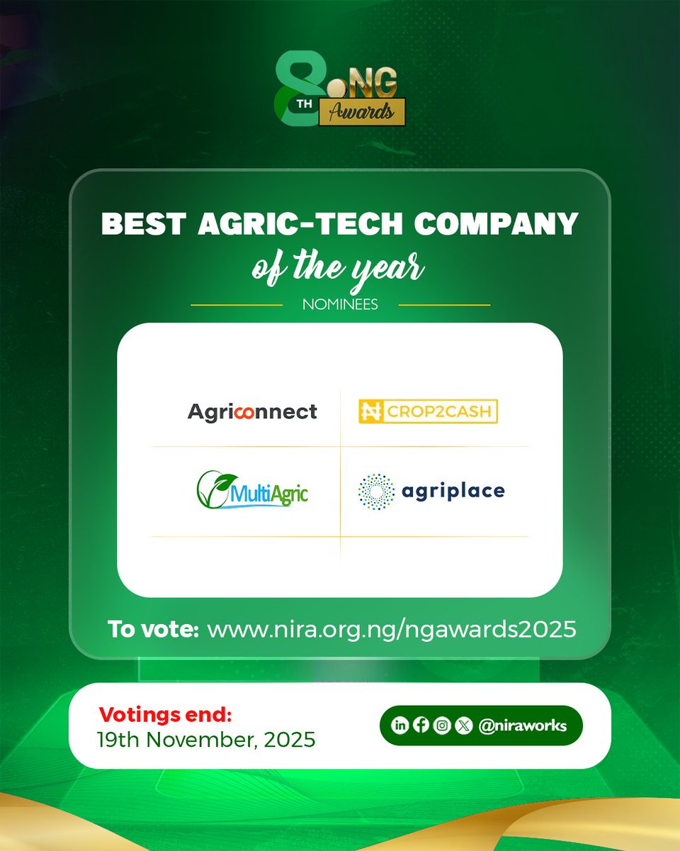 niraworks's tweet image. We’re proud to announce the nominees for Best Agritech Website/Portal, recognizing platforms that are shaping the future of agriculture through digital innovation on the .ng domain.
@agri_connect, @crop2cash, @multi_agric and @agriplacehub 

Vote nira.org.ng/ngawards2025