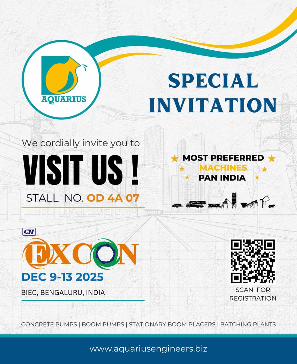AquariusEngine2's tweet image. We’re proud to announce that Aquarius Engineers will be showcasing our latest and most advanced concrete solutions at EXCON 2025, happening at BIEC, Bengaluru!
Join us as we present technologies crafted to elevate India’s infrastructure future.
#AquariusEngineers #Excon2025 #BIEC