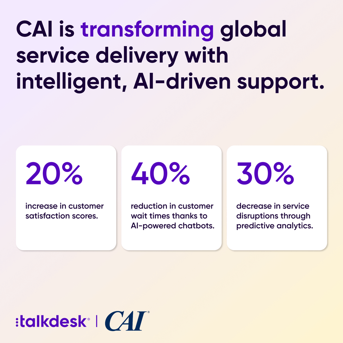 Talkdesk's tweet photo. By adopting Talkdesk Customer Experience Automation (CXA), CAI built an intelligent service ecosystem where tools work together, not in silos. 

Want to see their full case study?

Click below:

https://t.co/Uzc7XDGhed

#CAI #Talkdesk #CaseStudy #CustomerSuccessStory #CXA #AI #CX https://t.co/p7IDwskJGd