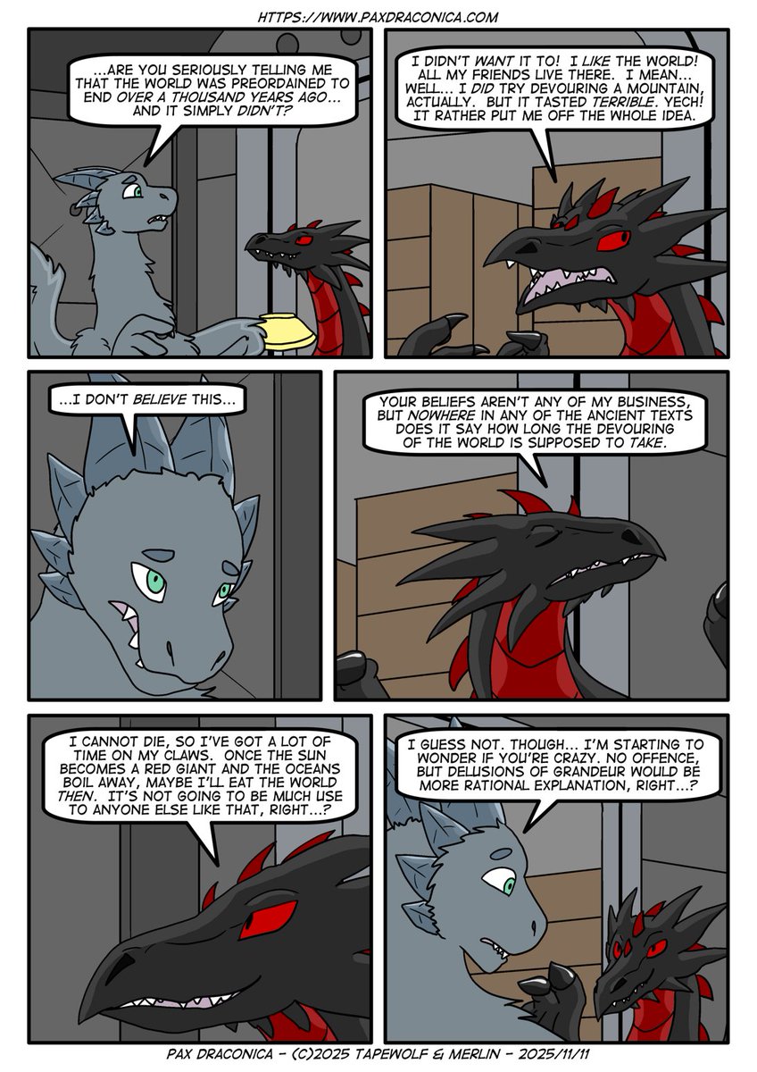 Fiskul the Devourer has a few more comments about the apocalypse in Pax Draconica.
#furry #comics #furryart #dragons

Previous pages are here: paxdraconica.com/paxdrac1.php?s…