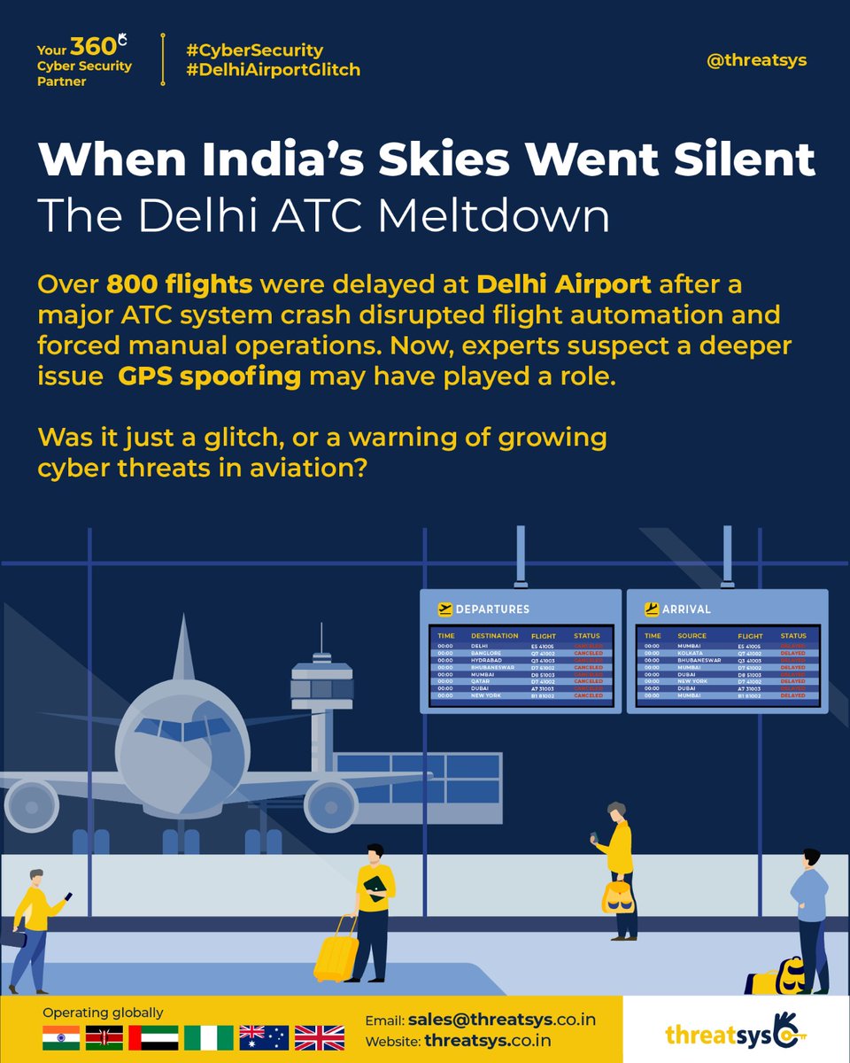threatsys's tweet image. 🚨 Delhi skies in chaos! 800+ flights delayed after ATC system failure. From GPS spoofing alerts to automation breakdowns, aviation cybersecurity is a must! ✈️🛡️

#DelhiAirport #ATCGlitch #GPSSpoofing #AviationCyberSecurity #Threatsys #CyberAttack