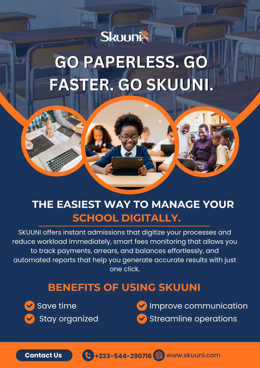 skuunisms's tweet image. &quot;Transform your school management with Skuuni! Go paperless, save time, and streamline operations effortlessly. &quot;Take your school digital today – Contact us now!&quot;
#EduTech #DigitalSchool #PaperlessClassroom #SchoolManagement #EdTechSolutions #SmartSchool #Skuuni