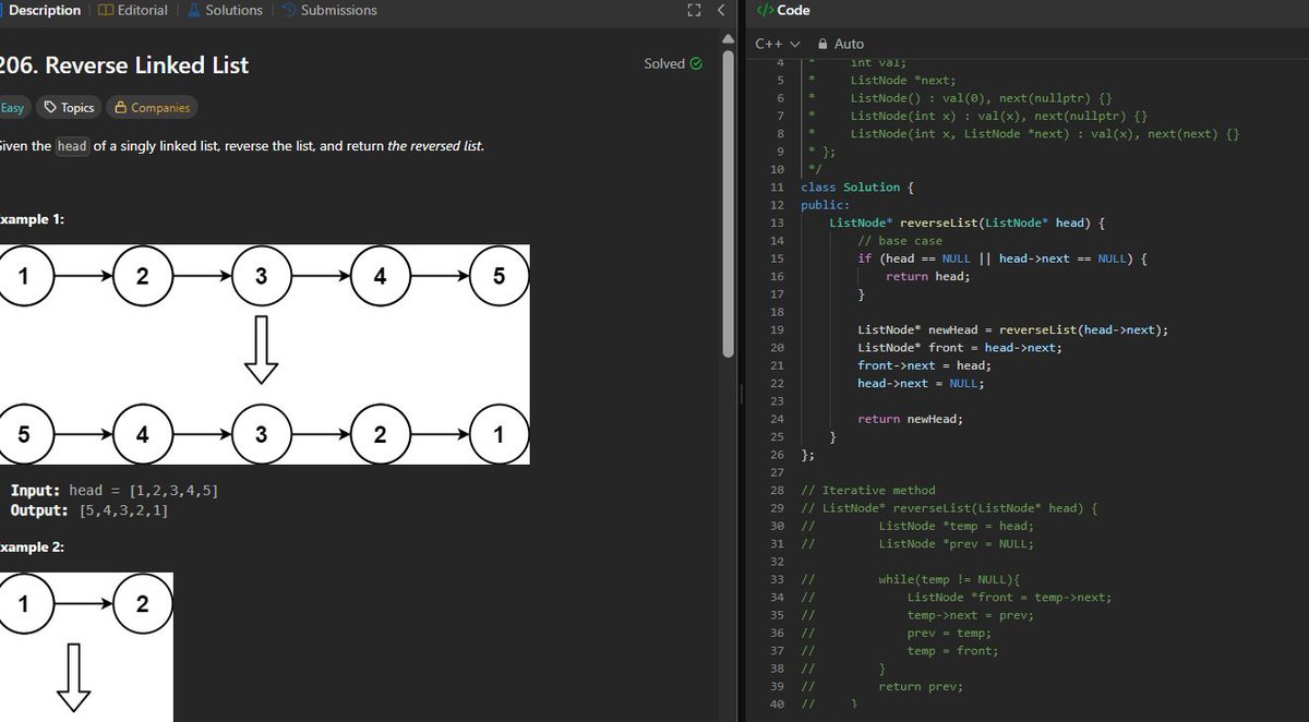 codewithpiyus's tweet image. 🚀𝗦𝘁𝗮𝗿𝘁𝗶𝗻𝗴 60DaysOfCode - 𝗗𝗮𝘆 9

Linked List Problems:
💠Reverse a Linked List [Iterative] ✅
💠Reverse a Linked List [Recursive] ✅
💠Detect a Loop in Linked List ✅
💠Find the Starting Point of Loop in Linked List✅

#Programming #DSAinCPP #TUFWinterArc #60DaysOfCode