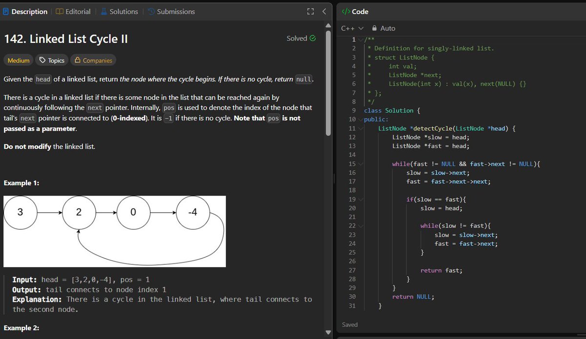 codewithpiyus's tweet image. 🚀𝗦𝘁𝗮𝗿𝘁𝗶𝗻𝗴 60DaysOfCode - 𝗗𝗮𝘆 9

Linked List Problems:
💠Reverse a Linked List [Iterative] ✅
💠Reverse a Linked List [Recursive] ✅
💠Detect a Loop in Linked List ✅
💠Find the Starting Point of Loop in Linked List✅

#Programming #DSAinCPP #TUFWinterArc #60DaysOfCode