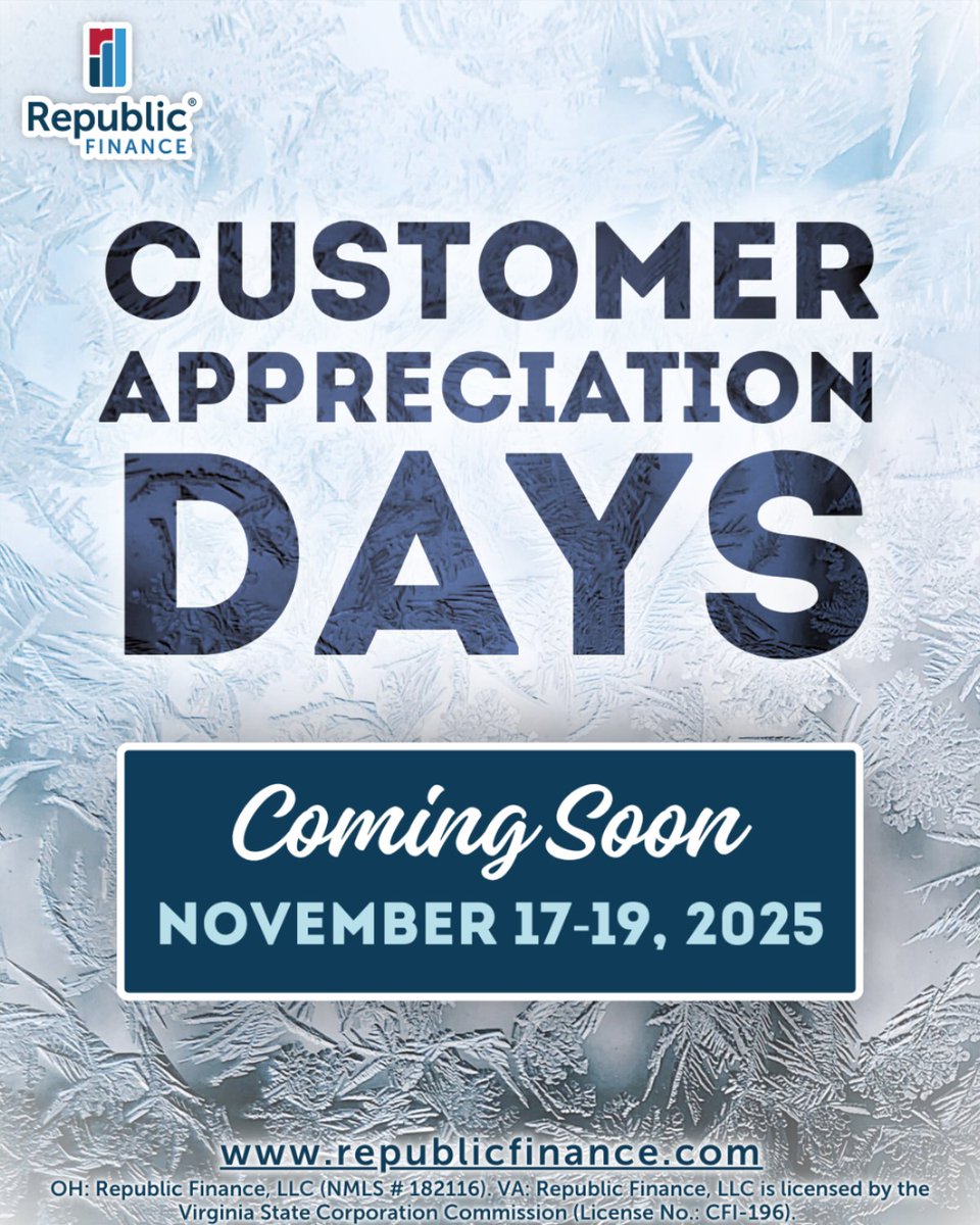 RepFinance's tweet image. Customer Appreciation Days are coming!❄️

Visit your local branch November 17th - 19th to take advantage of CAD! Need help finding the closest branch in your area? Visit our website to search for locations near you!