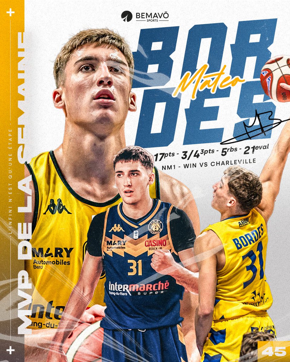 𝗕𝗘𝗠𝗔𝗩𝗢 🅜🅥🅟 𝗗𝗘 𝗟𝗔 𝗦𝗘𝗠𝗔𝗜𝗡𝗘
Deuxième meilleur scoreur du match avec 1️⃣7️⃣ points et 2️⃣1️⃣ d'évaluation, notre soldat Matéo Bordes (<a href="/bordes_mateo/">Mateo Bordes</a>) est le Bemavõ 🅜🅥🅟 de la semaine 45 ! 
L'infini n'est qu'une étape.
#SoldatDeLinfini #BemavoArmy