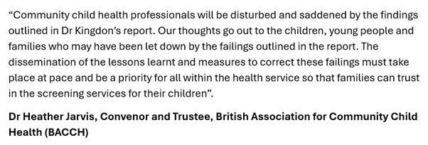 CommChildHealth's tweet image. The @DHSCgovuk  has today published the Kingdon Review into children’s hearing services. The review finds significant failures that left hundreds of babies and children with undiagnosed hearing problems. BACCH's statement on the findings is below.