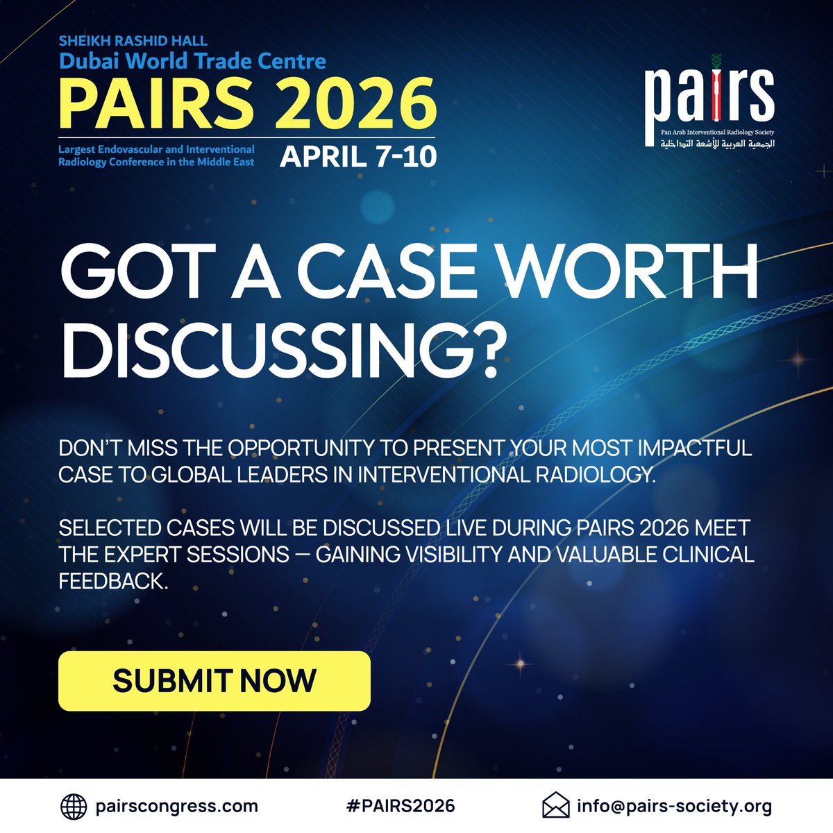 📣 Have a case that deserves the spotlight? Submit it for the Meet the Expert sessions at #PAIRS2026!

Only selected cases will be featured! 

🔗 Submit Now Via Email : info@pairs-society.org

#InterventionalRadiology #PAIRS2026 #IRCommunity #MedicalConference