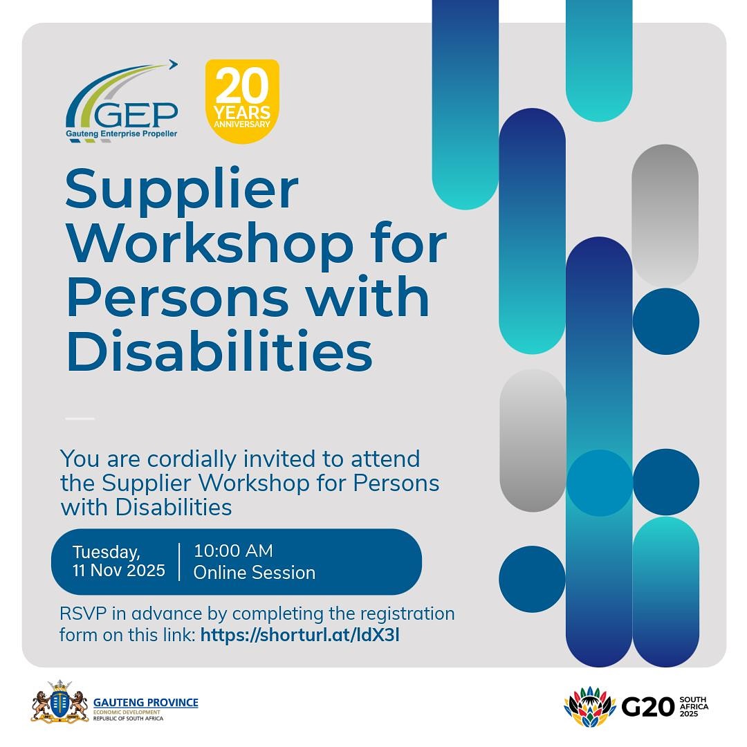 NYDARSA's tweet photo. Attention SMMEs owned by persons with disabilities!

The Gauteng Enterprise Propeller (GEP) invites you to a Supplier Workshop Webinar designed to empower entrepreneurs with disabilities. This informative session will focus on:

• Enhancing business compliance 

• Improving access to procurement opportunities 

• Equipping your enterprise to participate effectively in the supply chain

Don’t miss this opportunity to gain valuable insights and position your business for growth and success!

📅 Date: 11 Nov 2025 

🕒 Time: 10:00 

💻 Platform: Microsoft Teams
👉 Register here: https://t.co/8DYGCiJBRO 

#DRAM2025 #DisabilityRightsMonth2025  #DisabilityInclusiveSA #SMMEs #GEP #ApplyNow #MondayMotivation