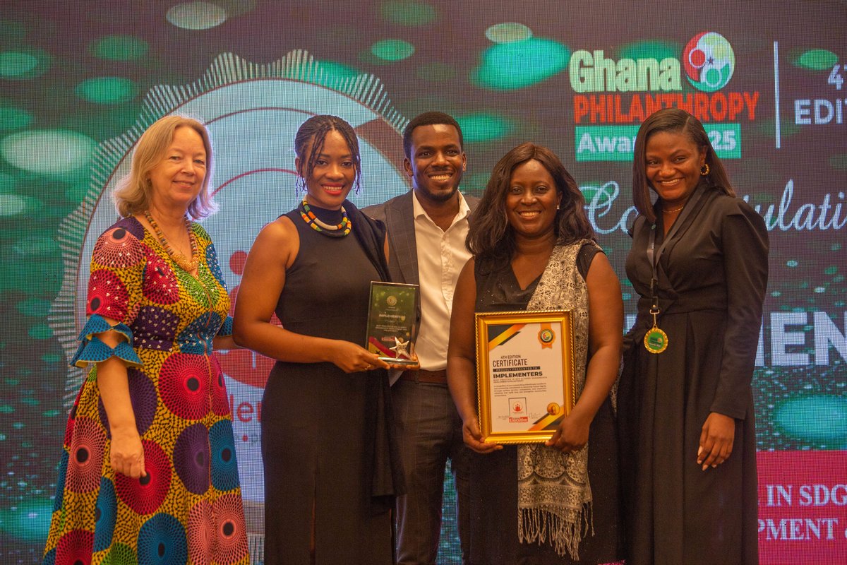 implementersgh's tweet image. We won big! 🎉

At the 4th #GhanaPhilanthropyAwards, we received 3 major recognitions, for grassroots impact, ICT4Development leadership, and our partners #HelpingAfricaFoundation for transformative philanthropy.

These wins remind us that the work matters and continues.
#Ghana