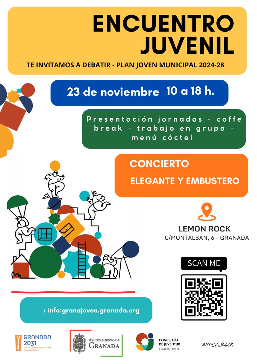 El domingo 23 de nov. te esperamos en el Encuentro Juvenil para charlar, proponer, debatir y compartir ideas sobre el 1 año del Plan Joven Municipal 2024/28
📍 Lemon Rock 
🎯 Inscríbete y disfruta
+ info en granajoven.granada.org 
<a href="/aytogr/">Ayuntamiento de Granada</a> #granajoven #planjovenmunicipal