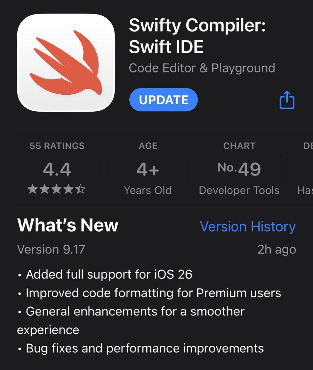 V 9.17 is out 🔥🚀

Swifty Compiler is your go-to tool for swift coding on the fly!

Perfect for testing algorithms, experimenting with new ideas, or brushing up on your Swift skills. It’s like having a mini playground in your pocket!

#Swift #iOSDev #SwiftLang #swiftdevelopers