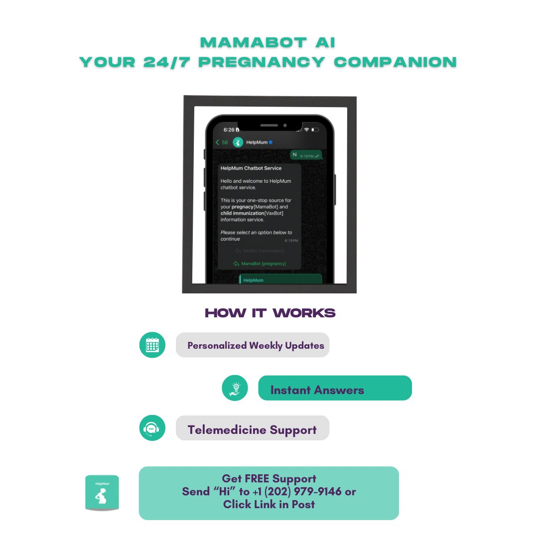 Every mother deserves instant, trusted health support.

Mamabot AI is providing over 100,000 pregnant women with free, 24/7 health information throughout their pregnancy journey.

No sign ups or queue, get started lnkd.in/dwG3B5wf

#AIforgood #maternalhealth #telemedicine