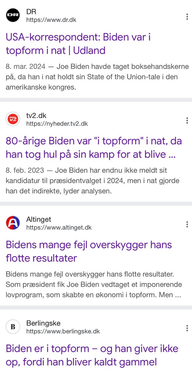 Tror du medierne, ganske af sig selv, benytter netop det ord? 
Fortællingen om Joe Biden “i topform” fortsatte helt frem til foråret 2024, hvor DRs Philip Kokhar var afsender. 
I foråret 2024 havde Biden kun få brikker tilbage at rykke med. 
Se vores medier lydigt lystre manus.