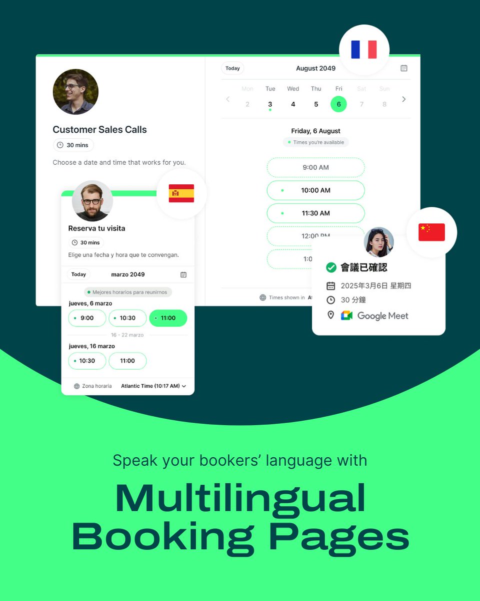 Speak your bookers' language with multilingual booking pages 🌍

🗣️ Connect with clients in their native language
🌐 Provide a seamless booking experience no matter where they’re from
📅 Let your scheduling adapt to your audience effortlessly

It’s scheduling without boundaries.