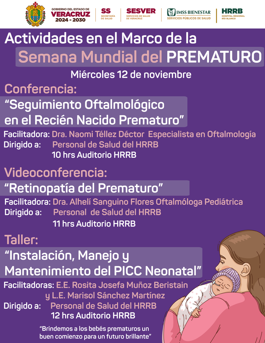 Ens_HRRB's tweet image. Semana Mundial del Prematuro
Actividades del 12 de noviembre
Conferencia "Seguimiento Oftalmológico en el Recién Nacido Prematuro" 
Videoconferencia "Retinopatía del Prematuro"
Taller "Instalación, Manejo y Mantenimiento del PICC Neonatal"
#HRRB