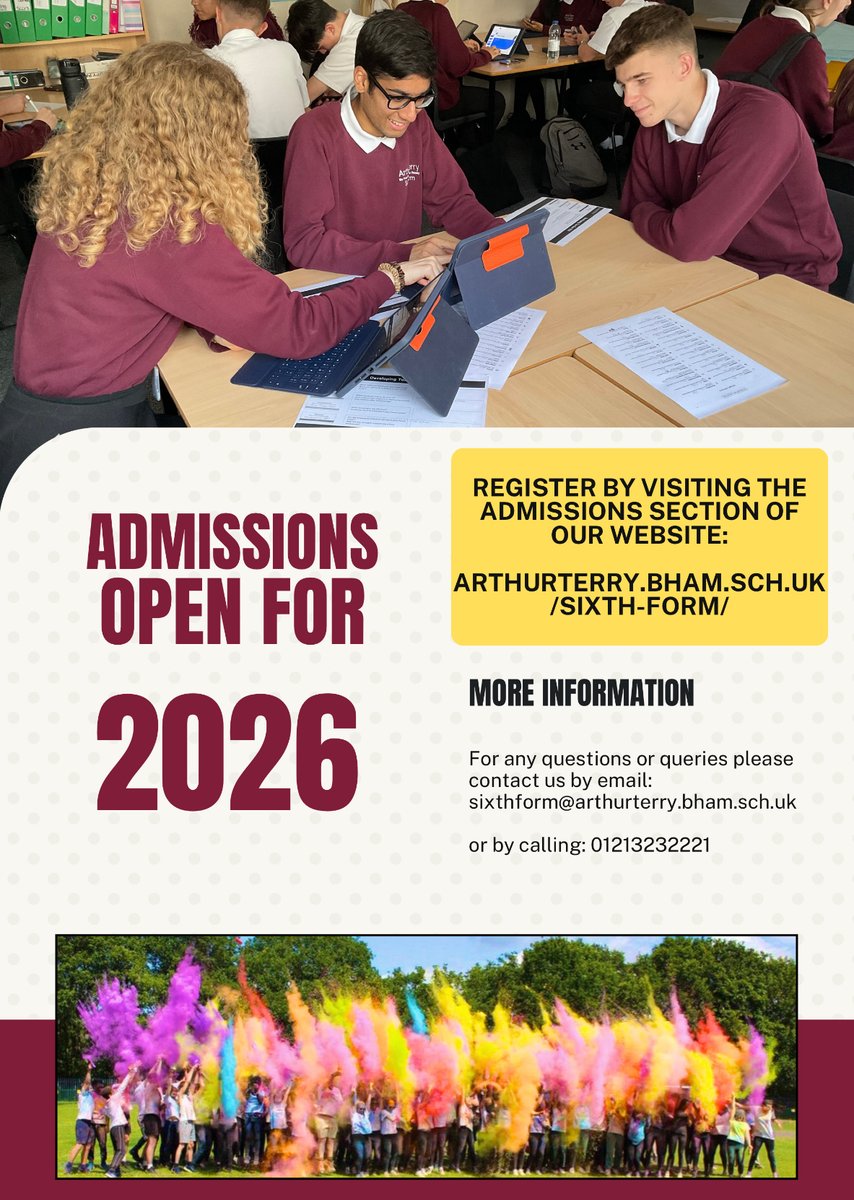 🚨Sixth Form Applications for 2026 are OPEN!🚨 

Applications are only accepted via our online application portal. To access, visit our website: arthurterry.bham.sch.uk/sixth-form/adm…