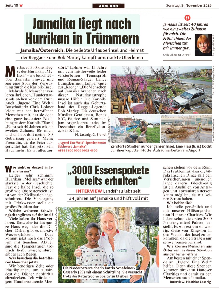 Vor knapp zwei Wochen traf der Jahrhundert-Hurrikan "Melissa" auf #Jamaika und richtete verheerende Schäden an. Vor allem der Westen der Insel ist weiterhin Katastrophengebiet. #JugendEineWelt hilft vor Ort. Vielen Dank an die <a href="/krone_at/">Kronen Zeitung</a> für das Aufgreifen des Themas!