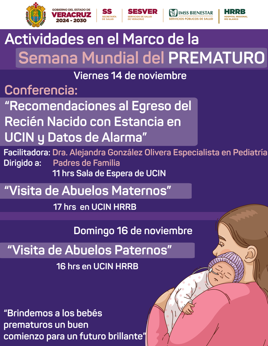 Ens_HRRB's tweet image. Semana Mundial del Prematuro
Actividades Viernes 14
Conferencia "Recomendaciones al Egreso del Recién -Nacido con Estancia en UCIN y Datos de Alarma"
-Visita de Abuelos Maternos
Domingo 16 de noviembre
Visita de Abuelos Paternos a las 16 horas en Sala de Espera UCIN
#HRRB