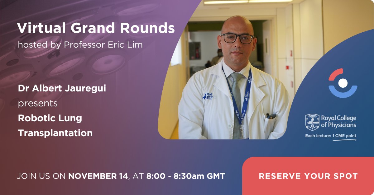 vGrandRounds's tweet photo. 🚨 Don’t miss this Friday!
📅 14 November | 🕗 8:00 AM GMT (UK time)

Dr Albert Jauregui, Head of the Thoracic Surgery and Lung Transplant Service at Vall d'Hebron Hospital in Barcelona, presents:

🎙️ Robotic Lung Transplantation

🎓 Earn 1 CME
Register: https://t.co/Ihaa5aNxd7 https://t.co/csiToL8JCy