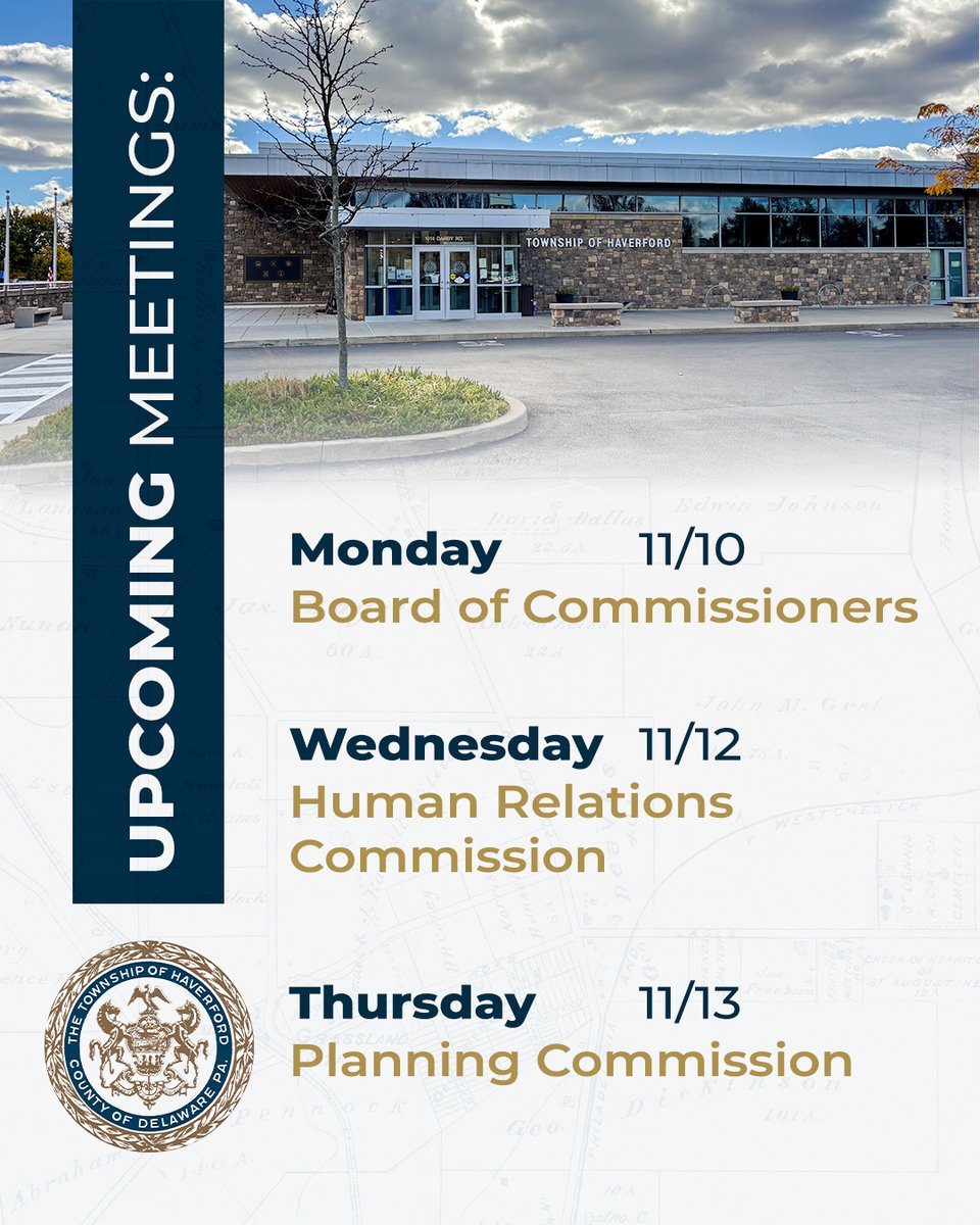 Haverford Township Upcoming Meetings: 

Monday 11/10 
Board of Commissioners 

Wednesday 11/13 
Human Relations Commission 

Thursday 11/14 
Planning Commission 

Full Township calendar @ havtwp.org/Calendar.html