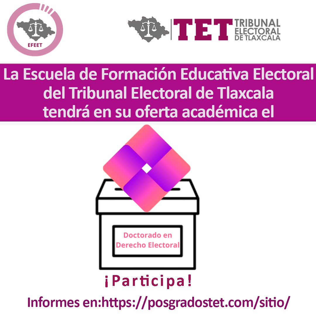 La EFEE del Tribunal Electoral de Tlaxcala amplía su oferta académica con el Doctorado en Derecho Electoral, un programa diseñado para fortalecer la investigación, el análisis jurídico y la profesionalización en materia electoral.
Consulta el sitio web de la EFEE.

<a href="/TEPJF_informa/">Tribunal Electoral del PJF</a>