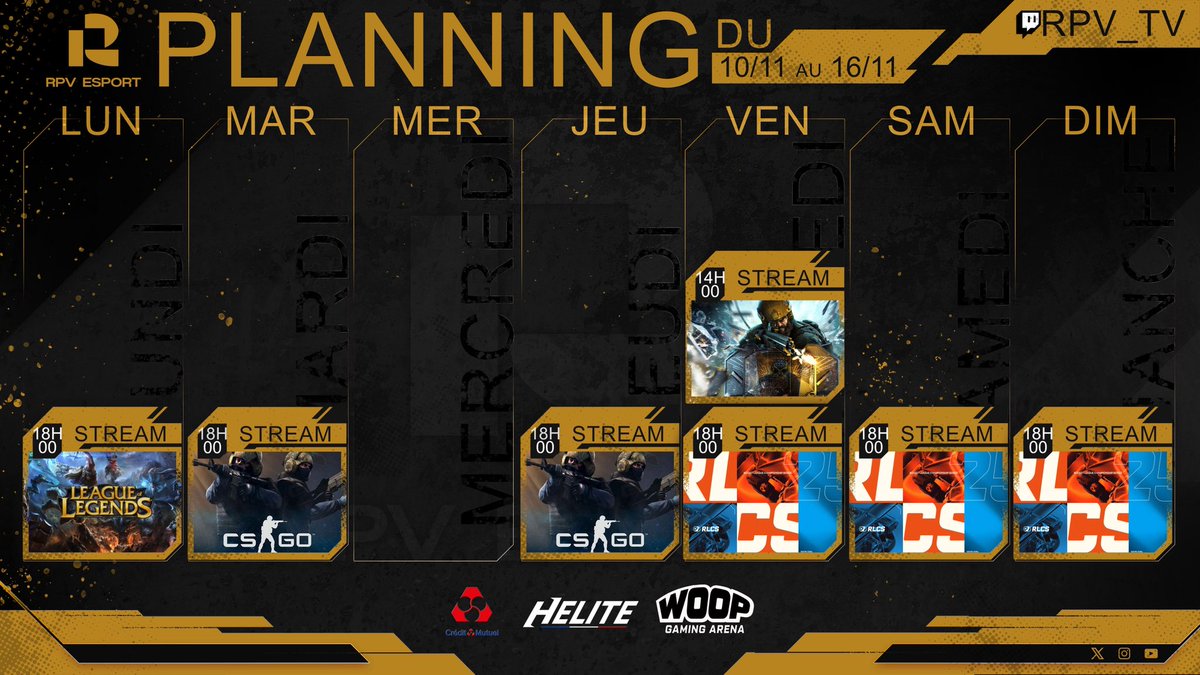 Nouvelle semaine pour RPV 🫶

LoL/CS2/R6/qualif RLCS.. y'en a pour TOUS les goûts !

On vous attend nombreux sur Twitch : twitch.tv/rpv_tv 🤩

#rpv #rpvesport #twitch #stream #planning #esport #cs2 #csgo #rainbow6 #r6 #r6siege #rocketleague #rl #rlcs #lol #LeagueOfLegends