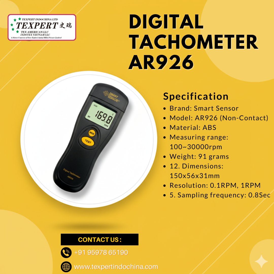 Texpert_Officia's tweet image. Texpert Indochina Digital Tachometer AR926 gives quick and accurate readings for rotational speed. Its non-contact design helps measure safely and precisely, making it a trusted tool for industrie worldwide. visit: texpertindochina.com/view.php?id=790

#DigitalTachometer #SmartSensor #Texpert