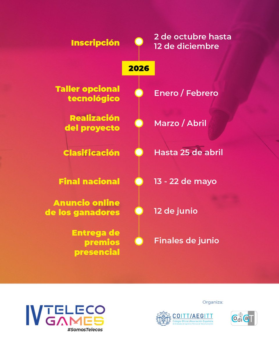 🗓️¡Ya está disponible el calendario de las #4TelecoGames!
Consulta todas las fechas clave para no perderte nada: inscripciones, desarrollo de proyectos, entregas… Tenlo a mano, compártelo con tu equipo y organízate para llegar al reto final 😉
Más info: telecogames.com