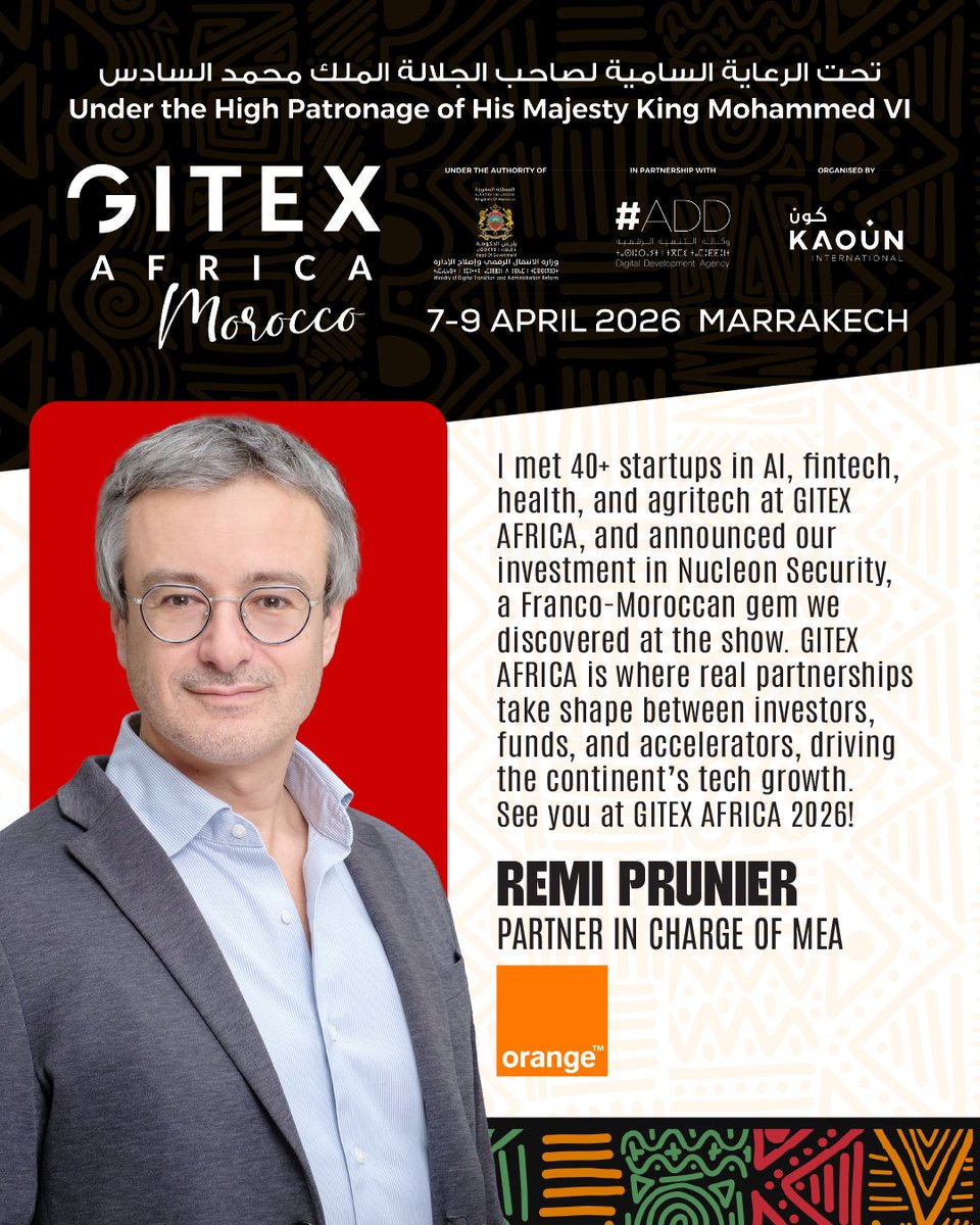 GITEXAfrica's tweet image. Orange Ventures, Rémi Prunier met 40+ startups at GITEX AFRICA and later invested in Nucleon Security, first spotted at the event.

GITEX AFRICA is where meaningful partnerships start.

📍 7–9 April 2026 | Marrakech
🔗 gitexafrica.com
#GITEXAFRICA #DealFlow