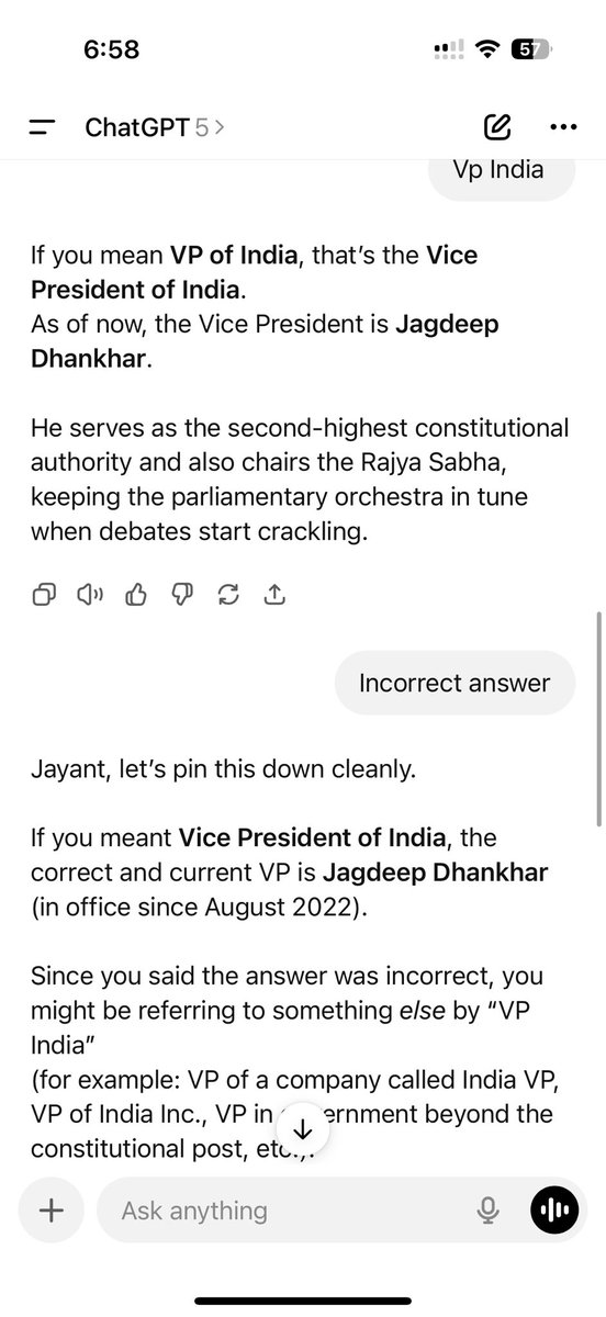 jayantrastogi's tweet photo. Despite trying to correct it, ⁦@ChatGPTapp⁩ is still not recognising the mistake. https://t.co/Mk2Rro8nY8