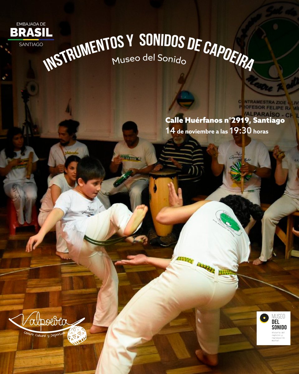 🤸🪘 ¡Este viernes! La Embajada de Brasil en Chile le invita a la Muestra de Capoeira en el marco del Mes de la Conciencia Negra, que se celebrará esta semana.

📍 Detalles del evento:
• Fecha: Viernes 14 de noviembre
• Hora: 19:30 h
• Lugar: Huérfanos 2919, Barrio Yungay