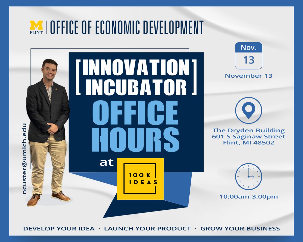 Entrepreneurs &amp; innovators — we’re here to help! 💡
Join our free Innovation Incubator office hours on Nov. 13 at the Dryden Building (Downtown Flint ) with <a href="/100K_Ideas/">100K Ideas</a>

Let’s turn your ideas into action!
📧 ncuster@umich.edu
<a href="/UMFlint/">University of Michigan-Flint</a>
#Entrepreneurship #Flint #Innovation