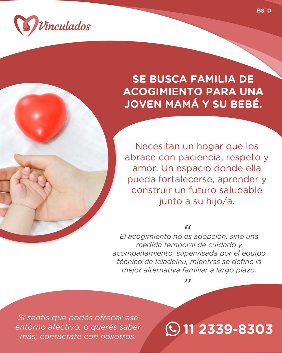 🫶 Se busca familia de acogimiento para una joven mamá y su bebé.

Necesitan un hogar que los abrace con paciencia, respeto y amor.

Un espacio donde ella pueda fortalecerse, aprender y construir un futuro saludable junto a su hijo/a.

📲 wa.me/+5491123398303