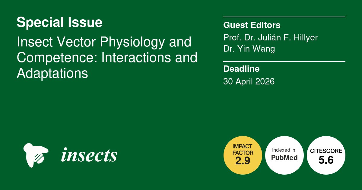 wangyin9598's tweet photo. 🌍✨ Discover the unseen world inside vectors!

We’re thrilled to launch our Insects (MDPI) Special Issue:
🦟 “Insect Vector Physiology and Competence: Interactions and Adaptations.”
From mosquito immunity and symbiosis 🧬 to tick microbiomes and adaptation under climate stress 🌦️—we invite you to explore how insects meet challenges and shape disease transmission.

Let’s connect physiology, microbes, and ecology into one evolving story of vector life. 🌱

📅 Deadline: April 30, 2026
🔗 https://t.co/sGjW683oUd
👩‍🔬 Guest Editors: Yin Wang & Julián F. Hillyer

#VectorBiology #Entomology #Microbiome #InsectPhysiology #DiseaseEcology #Mosquitoes #Symbiosis #InsectsMDPI #ScienceCommunity