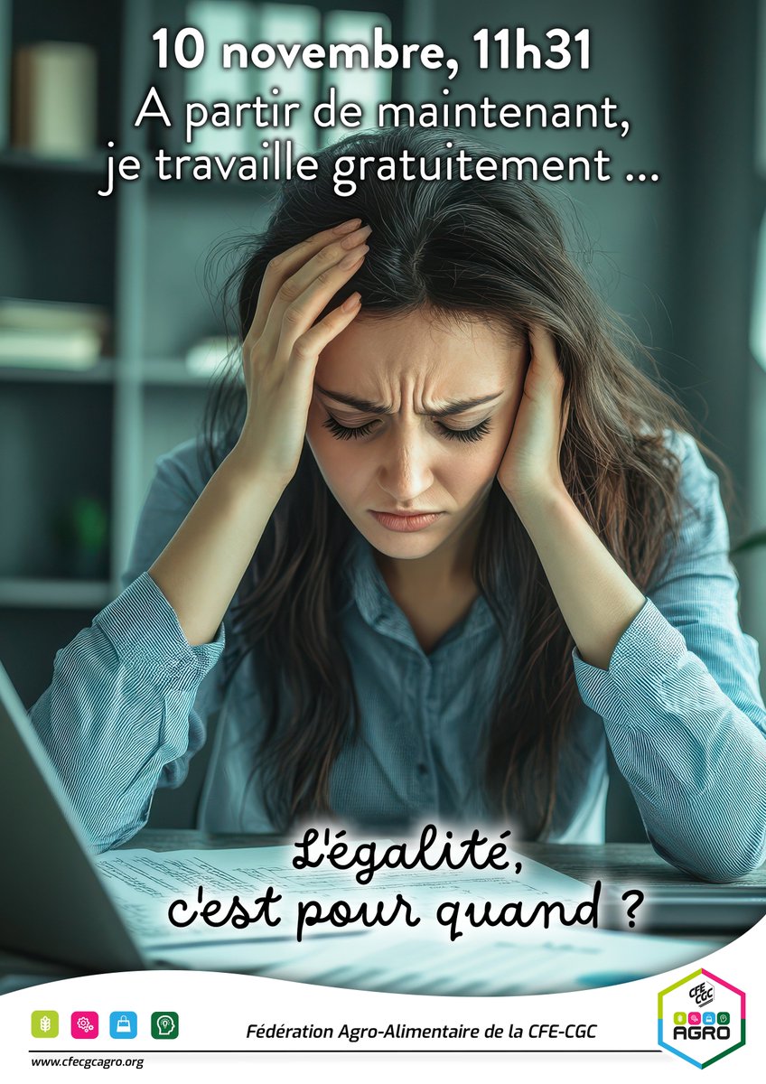🕚 10 novembre, 11h31 : à partir de maintenant, les #femmes travaillent gratuitement.
Cette heure symbolise l’écart salarial moyen d'environ 15 % entre les femmes et les hommes en France.

Concrètement, cela revient à 51 jours de travail non rémunéré sur une année.
