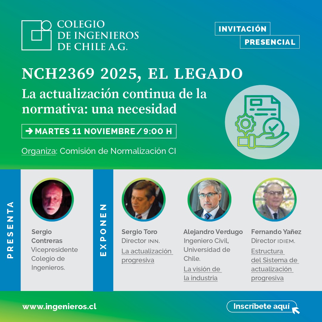 Gran oportunidad para conversar sobre los avances en normativa sísmica aplicada a la industria 

La NCh2369 es clave para el desarrollo del país, define requisitos para el diseño sísmico de estructuras e instalaciones industriales.

🔗 forms.gle/7ysKAqKiq7peh5…

<a href="/IngenierosCHILE/">Colegio de Ingenieros de Chile A.G.</a>