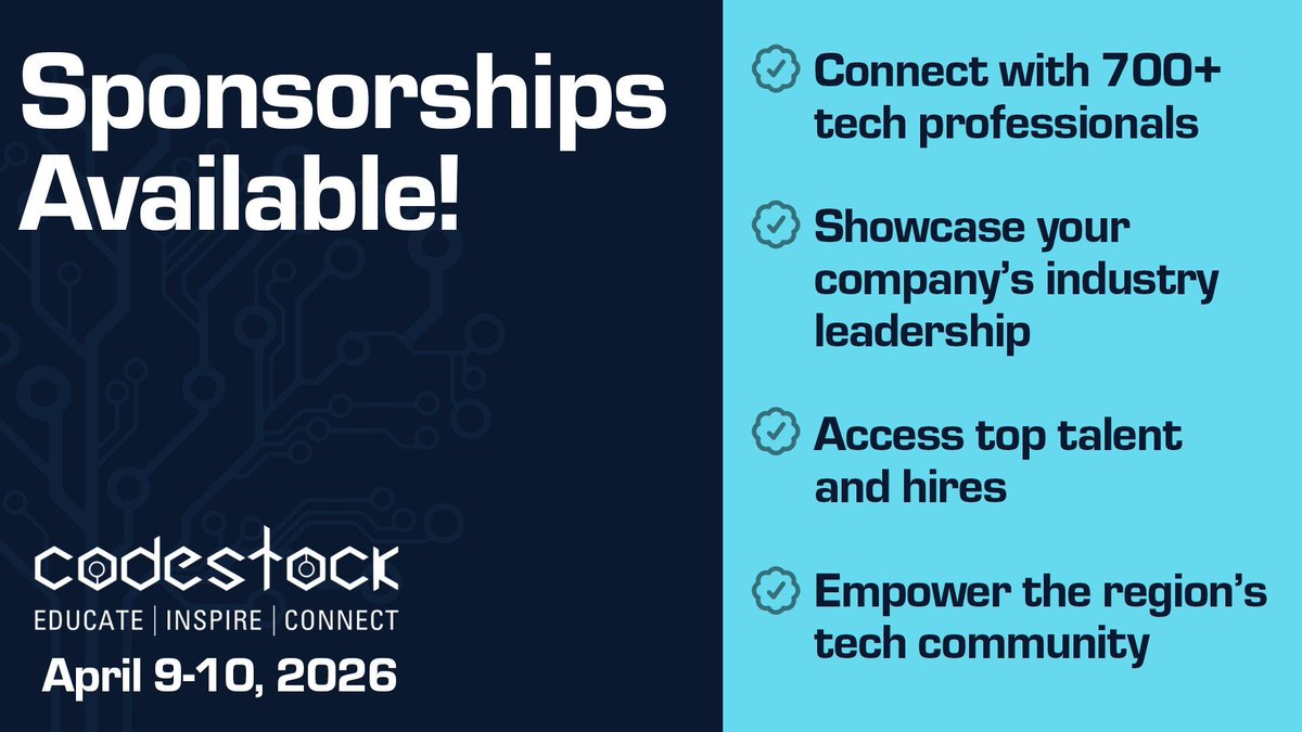CodeStock's tweet image. Looking to elevate your brand and support the tech community? Become a sponsor at CodeStock! Showcase your company&apos;s leadership and support Knoxville&apos;s thriving innovation ecosystem. Learn more: codestock.org/sponsor | #CodeStock2026